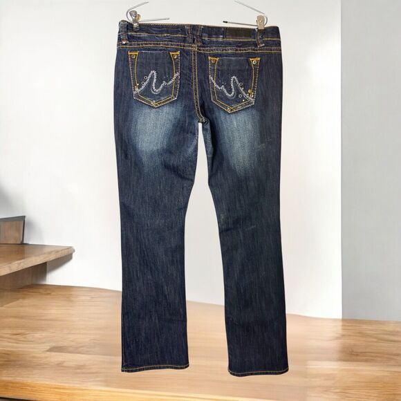 Slim Boot Low Rise Jeans Dark Wash Women 11/12R Thick Stitch Studs Whiskers Fade - Picture 4 of 16